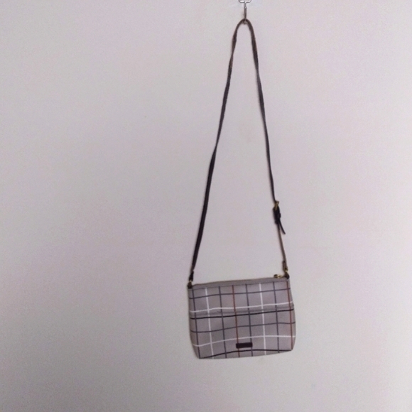 Fossil Gray and Brown Neutral Plaid Zip Top Crossbody Purse Handbag - Picture 1 of 14